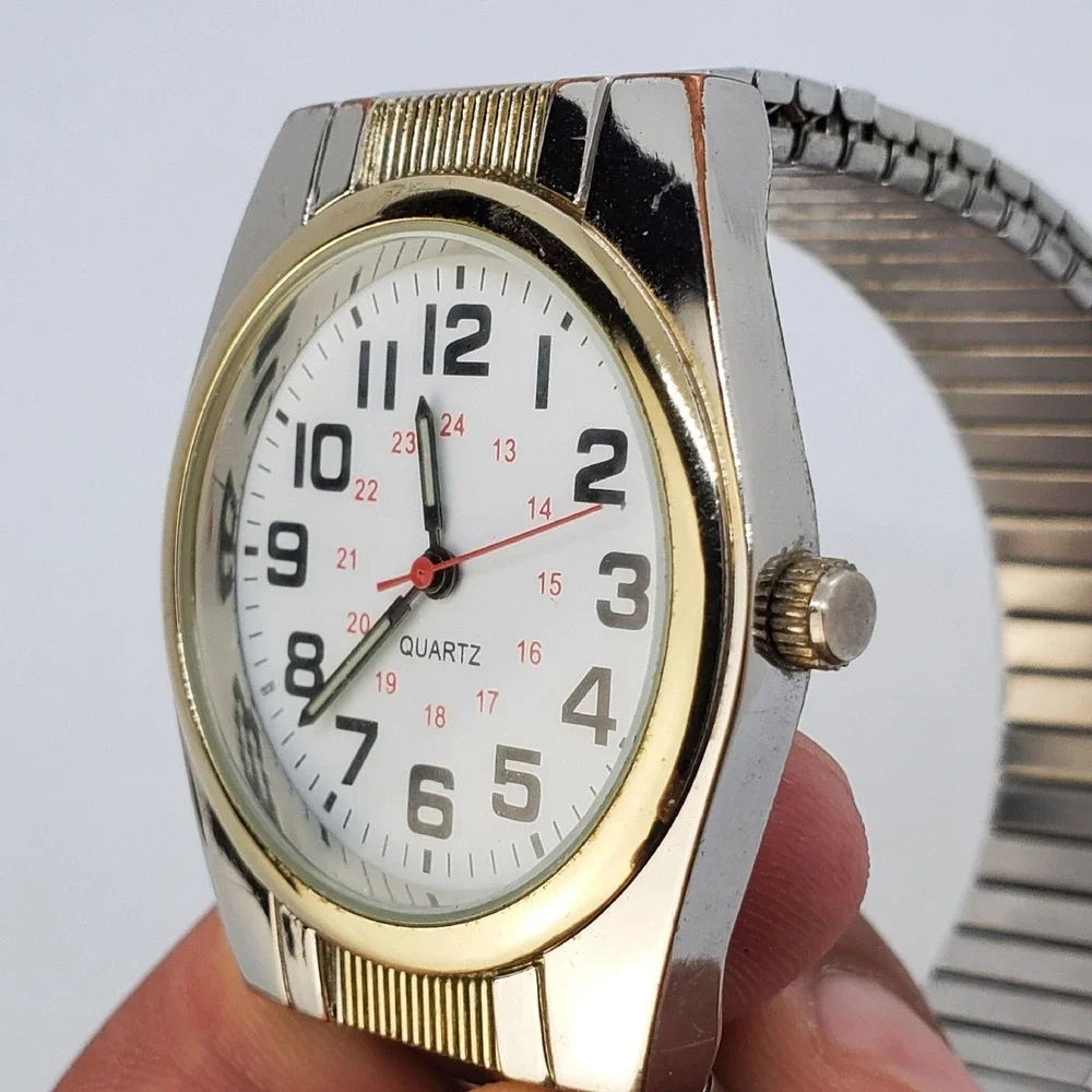 Men's Military Watch‎ 36MM White Dial Gold Gray Bracelet Band New Battery